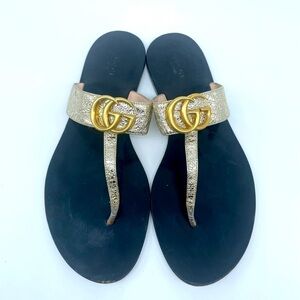Gucci Metallic Gold leather GG marmont thong sandals flat EU 39.5